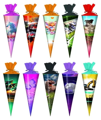 Produktbild von 10x Deko Schultüte mit Motive / Zuckertüte / 15cm / rund
