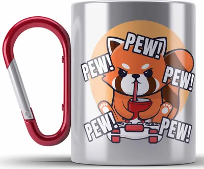 Produktbild von Trendation - Gamer Panda Edelstahl Tasse Karabiner Kinder Geschenkidee für Jungs Mädchen Lustige Grafik Gaming Jungen Pew (Rot)