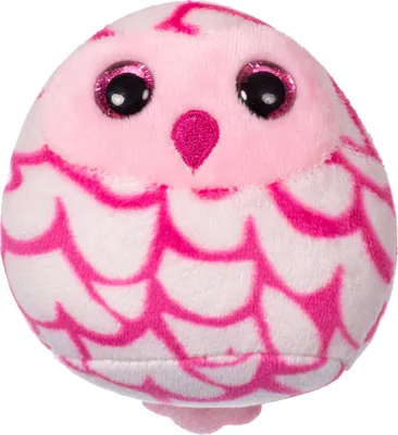 A close-up studio shot of a pink and white plush owl toy.