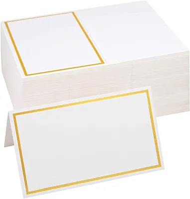 Obrázek produktu pro 100 prázdných zlatých jmenovek, 8,5 x 10 cm, se zlatým okrajem – na svatby, bankety, večeře a oslavy