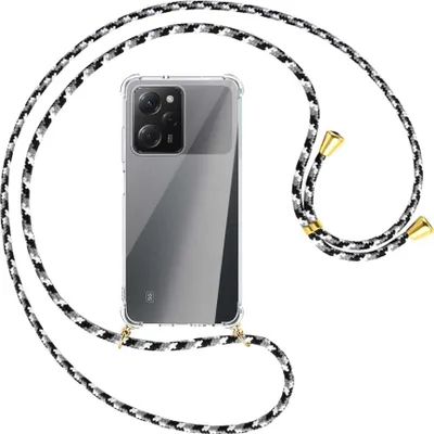Produktbild von Handykette Backcover-Schutzhülle mit Band (Metall goldfarben) für Xiaomi Poco X5 Pro (6.67'') - schwarz/grau/weiß