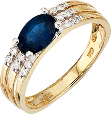 Produktbild von Ring Safirring Goldring mit 12 Diamanten blauer Safir oval 585 Gold Gelbgold Innenumfang 56mm  Ø17.8mm