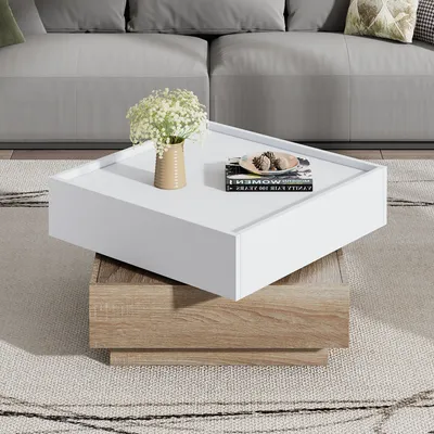 Obrázek produktu pro Abrihome Konferenční stolek otočný o 360°, čtvercový-60x60x38 cm, se 2 policemi a 2 zásuvkami, přírodní provedení