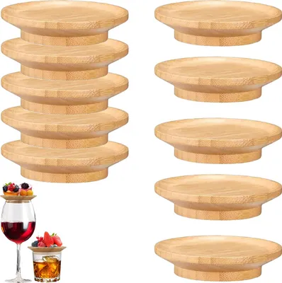 Produktbild von 10er Set Bambus Vorspeisenteller & Weinglas Topper, rund mit Schlitz Ø7cm, ideal für Party, Dessert, Snacks, Getränke, umweltfreundlich & elegant