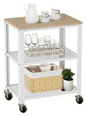 Image de Chariot de cuisine à 3 niveaux, structure en acier, étagères en bois
