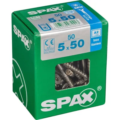 Produktbild von Packung mit 50 Spax Edelstahl-Senkkopfschrauben mit Torx-Kopf, 5 mm Durchmesser x 50 mm Länge
