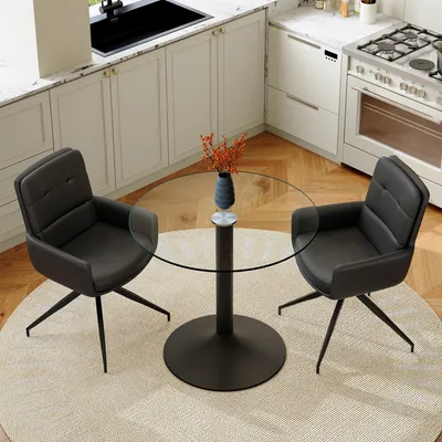 Image de Ensemble de salle à manger 3 pièces : table ronde de 85 cm de diamètre avec 2 chaises en similicuir pivotantes à 360° - Verre de sécurité noir de 8 mm - Ensemble moderne pour cuisine et salle à manger