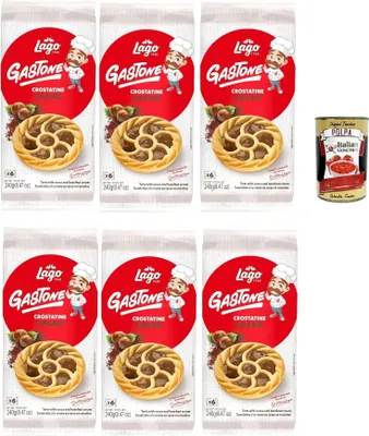 Produktbild von Lago 1968, Le Merende di Gastone Crostatine al cioccolato, Schokoladentörtchen kuchen, einzeln verpackt, Schokolade creme, Kindersnack ohne Palmöl 6x 240g + Italian Gourmet polpa 400g