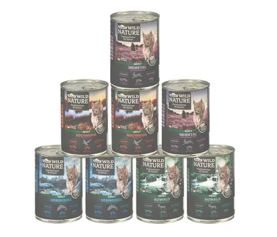 Zdjęcie produktu dla Dehner Wild Nature zestaw smakowy, bezzbożowa / bezcukrowa mokra karma dla dorosłych kotów, ryby / dziczyzna / drób / królik, puszka 8 x 400 g (3,2 kg)