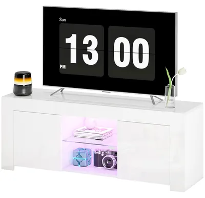 Zdjęcie produktu dla Szafka pod telewizor ze szklanymi półkami, szafka RTV z oświetleniem LED RGB, płyta MDF z połyskiem, kolor biały | Pilot | 2 drzwi | 120 x 34 x 45 cm