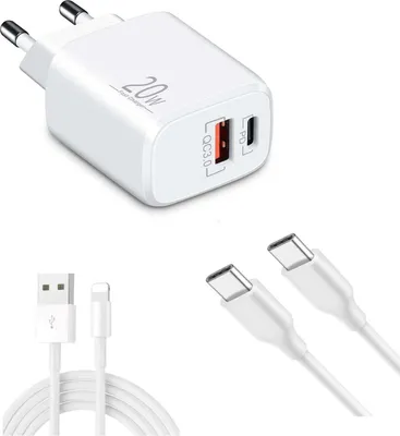 Produktbild von Schnellladegerät USB-C + USB-A Dual Netzteil Universal mit Kabel – 1x USB Lightning 1x Typ-C Typ-C 1 Meter