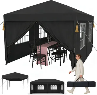 Image de Tente de réception UISEBRT 3 x 6 m, couleur anthracite, pavillon de jardin avec panneaux latéraux et fenêtres, protection UV, tente de réception d'extérieur pour événements