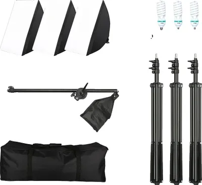 Immagine prodotto di Kit di illuminazione con softbox, supporto con treppiede regolabile, compatibile con lampadine E27, include 3 lampadine da 45W