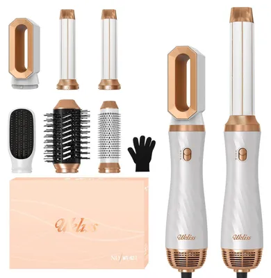 Image de Kit de coiffure 6 en 1 Airbrush Pro : Sèche-cheveux airbrush, brosse ronde, boucleuse, brosse à air chaud, brosse lissante, sèche-cheveux. Puissance : 1000W. Couleurs : blanc et or. Utilisations : lissage, bouclage, volume, séchage
