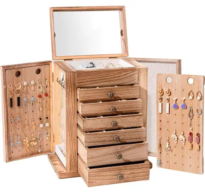 Produktbild von Schmuckkasten Schmuckorganizer Schmuckbox - 7 Ebenen - Naturholz mit Spiegel - 17,5 x 28 x 33 cm - Für Ringe und Ohrringe