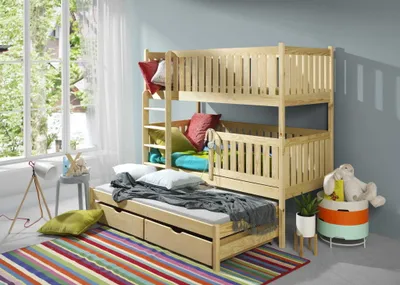 Produktbild von KEF Julia Etagenbett Kinder Etagenbett 3 Personen Holz Kinderbett mit Schubladen mit Matratze Leiter Rechts Kiefer 80x200 cm