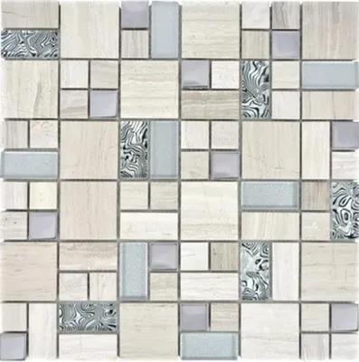 Produktbild von Mosaikfliese Transluzent Edelstahl grauweiß Kombination Glasmosaik Crystal Stein Stahl weißes Holz MOS88-0202