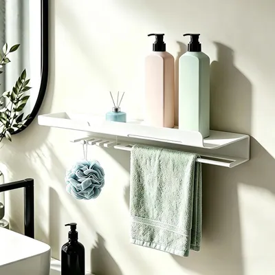 Obrázok produktu pre Polica do kúpeľne, 40 cm, biela, kovová, s háčikmi
