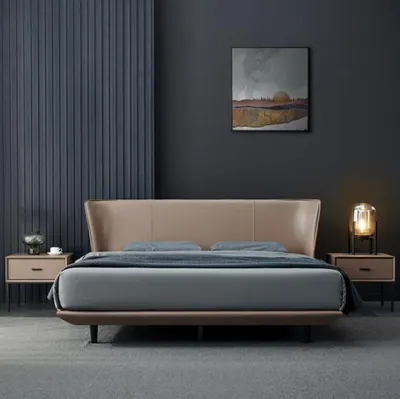 Immagine prodotto di Letto matrimoniale di design in ecopelle beige con struttura in legno