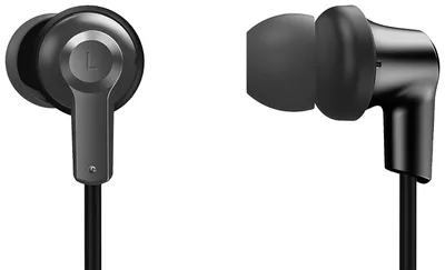 A pair of black in-ear headphones with a gray accent on the left earbud, shown against a white background.