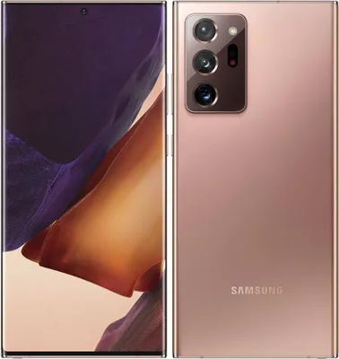 A front and back view of a Samsung Galaxy Note20 Ultra 5G smartphone in mystic bronze.