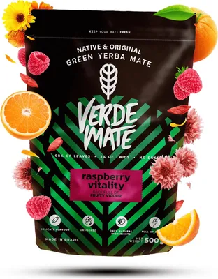 Immagine prodotto di Verde Mate - Campione di tè mate Raspberry Vitality 500 g - Foglie di 5 mm di spessore, senza polvere - Tonificante, delicato - Lampone - Essiccato all'aria - Yerba mate del Brasile