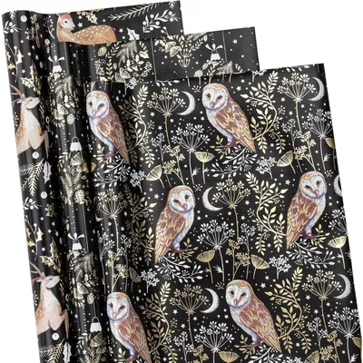 Productafbeelding van Kerstdecoratieve cadeaupapierrol met kerstmotieven (uil, rendier, kerstbal), metallic, 3 rollen, 43,2 cm x 3 meter