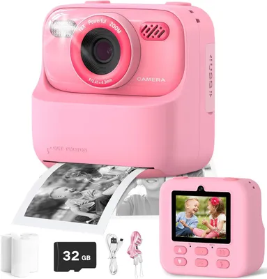 Produktbild von Kinderkamera, Sofortbildkamera Kinder, 2,4 Zoll Bildschirm Digitalkamera mit Druckpapier & 32GB TF Karte, Kinderkamera Sofortdruck, Rosa