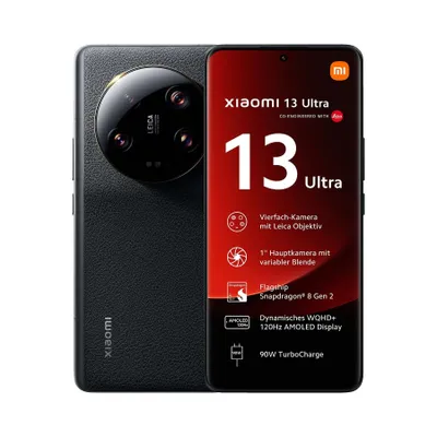 A product shot of the Xiaomi 13 Ultra smartphone, displaying its rear camera module and front screen with marketing text.