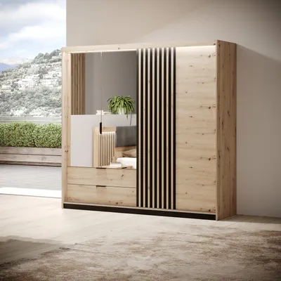 Produktbild von Masseno Drehtürenschrank TALLINO 220/210,4/60 cm 3-türig Schlafzimmer Schrank Kleiderschrank mit Spiegel Eiche Artisan