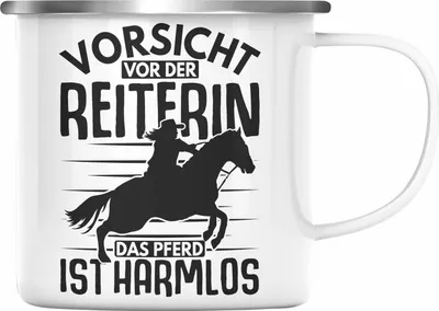 Produktbild von Trendation - Lustige Reiter Sprüche Geschenk Emaille Tasse Reiterin Pferde Mädchen Geschenkidee Vorsicht Vor Der Reiterin (Silber)