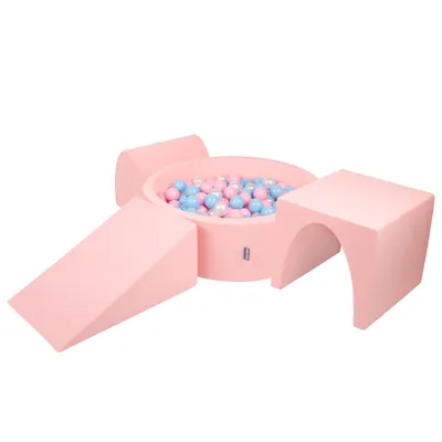 Obrázek produktu pro KiddyMoon pěnové hřiště pro děti s kulatým míčkem (200 ∅ 7cm), měkká překážková dráha a Kulatý bazén s míčky, certifikováno  EU, Růžová:Babyblue/Světle růžová/Perla, Verze 2