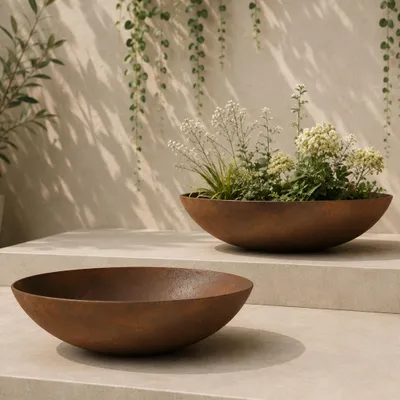 Immagine prodotto di Fioriere piatte per esterni Ciotole decorative rotonde effetto ruggine 45 cm
