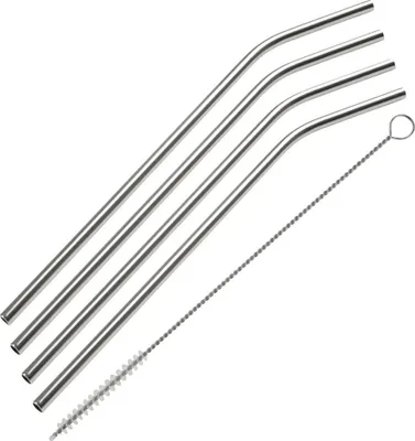 Produktbild von Fackelmann Edelstahl Trinkhalme gebogen Ø 6 mm mit Reinigungsbürste Rio Party, wiederverwendbare Strohhalme für jeden Anlass, umweltfreundliche Trinkröhrchen (Farbe: Silber), Menge 4 Halme + 1 Bürste