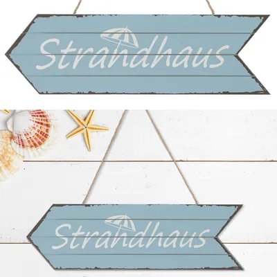 Produktbild von Türschild "Strandhaus" 12x40x1cm Holz türkis maritim Hinweisschild Richtungspfeil Türhänger Holzschild Dekoschild