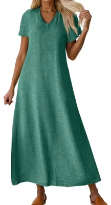 Imagen del producto de Vestido de verano ligero - Vestido midi de lino/algodón - Mangas cortas - Cuello en V - Corte en forma de A con bolsillos - Elegante y casual