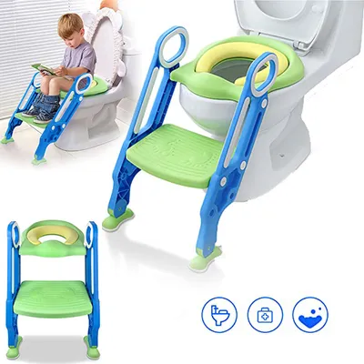 Produktbild von YARDIN Faltbar Toilettentrainer Toilettensitz kinder mit Leiter Höhenverstellbar Kinder-Töpfchen Töpfchentrainer Rutschfest für 1-7 Jähr Kleinkinder (Blau und Grün)