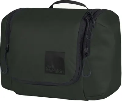 A dark green washbag with a black logo.