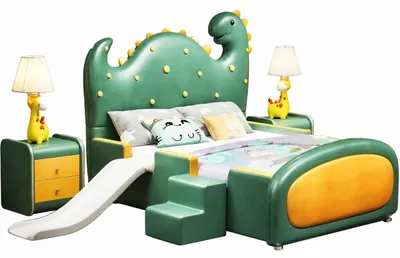 Immagine prodotto di Letto a forma di dinosauro, verde, con scivolo e scaletta. Letto per bambini