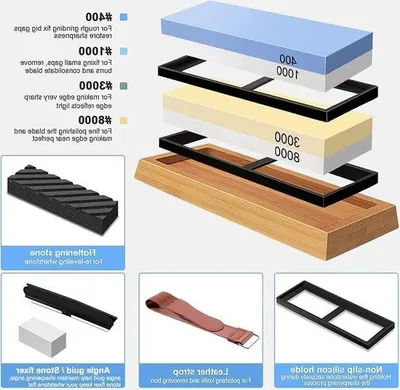 Immagine prodotto di Set di pietre per affilare coltelli - 4 lati, grana 400, 1000, 3000, 8000, con base in bambù, nastro, guida angolare - Blu