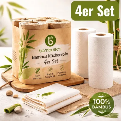 Produktbild von 4 Küchenrollen aus Bambus Küchentuch Haushaltstücher Papiertücher Küchenpapier
