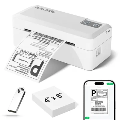 Obrázek produktu pro Štítková tiskárna pro přepravní štítky Bluetooth termotiskárna štítků - 4 x 6 palců - USB a Bluetooth - Bílá