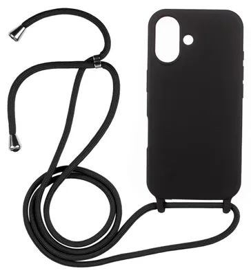 Produktbild von Handyhülle Schwarz mit Handykette Band für IPhone 16 Plus Silikon Schutzhülle Case Zum Umhängen