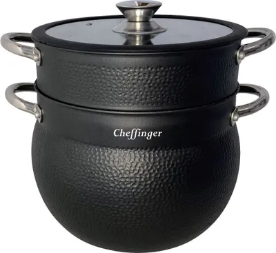 A black couscous pot with a glass lid and silver handles is shown against a white background.