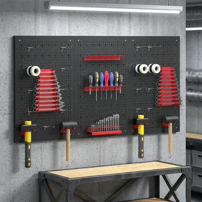 Obrázok produktu pre Nástenná organizácia na náradie s 28 priehradkami | Farba: čierna + červená | Rozmery: 120 x 60 x 2 cm