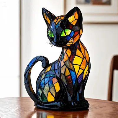 Produktbild von Katzen Lampe, Katzenlampe Mosaik, Nachttischlampe, USB Nachtlicht Katze mehrfarbig, vintage buntglas lampe, Bedside lamp, Schlafzimmer Deko Geschenk
