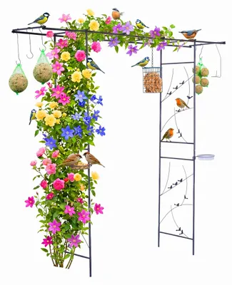 Produktbild von Relaxdays Rosenbogen Vogelparadies, Rankhilfe, Vogelbad, Vogelfutterstationen, HxBxT: 208 x 210 x 50 cm, Metall, schwarz