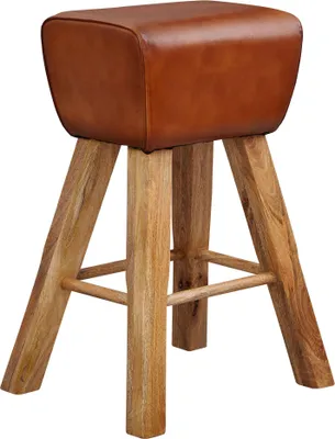 Barhocker Turnbock Mango Massivholz Echtleder Braun mit braunem Ledersitz und gespreizten Holzbeinen.