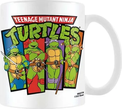 A white mug with the Teenage Mutant Ninja Turtles logo and characters printed on it.