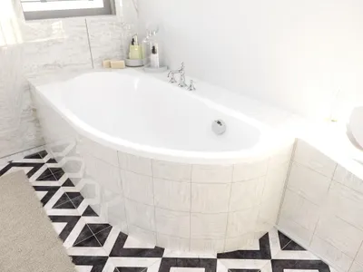 Image de Baignoire d'angle 145x85 droite avec revêtement en polystyrène, écoulement & pieds S | Set complet 4in1 baignoire originale acrylique siphon | BADLAND MIKI